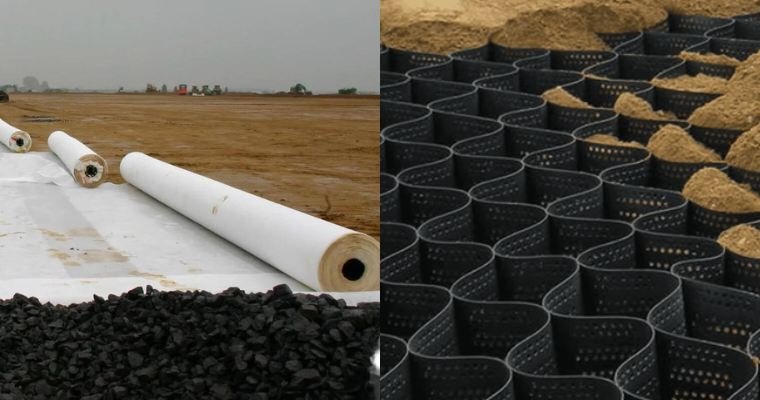Geotextile sample under tensile strength testing in the laboratory